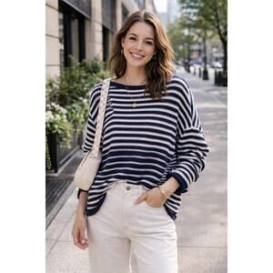American Living XL Navy White Striped Knit Sweater‎ Nautical Coastal Preppy Chic